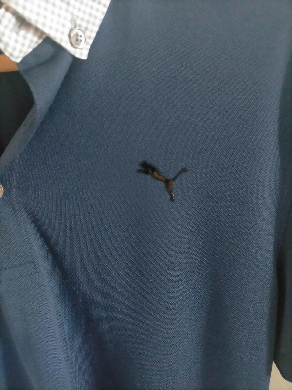 Puma Sports LifeStyle Men's Polo Shirt Navy Blue Gingham Collar Luxury Size L – photo 11